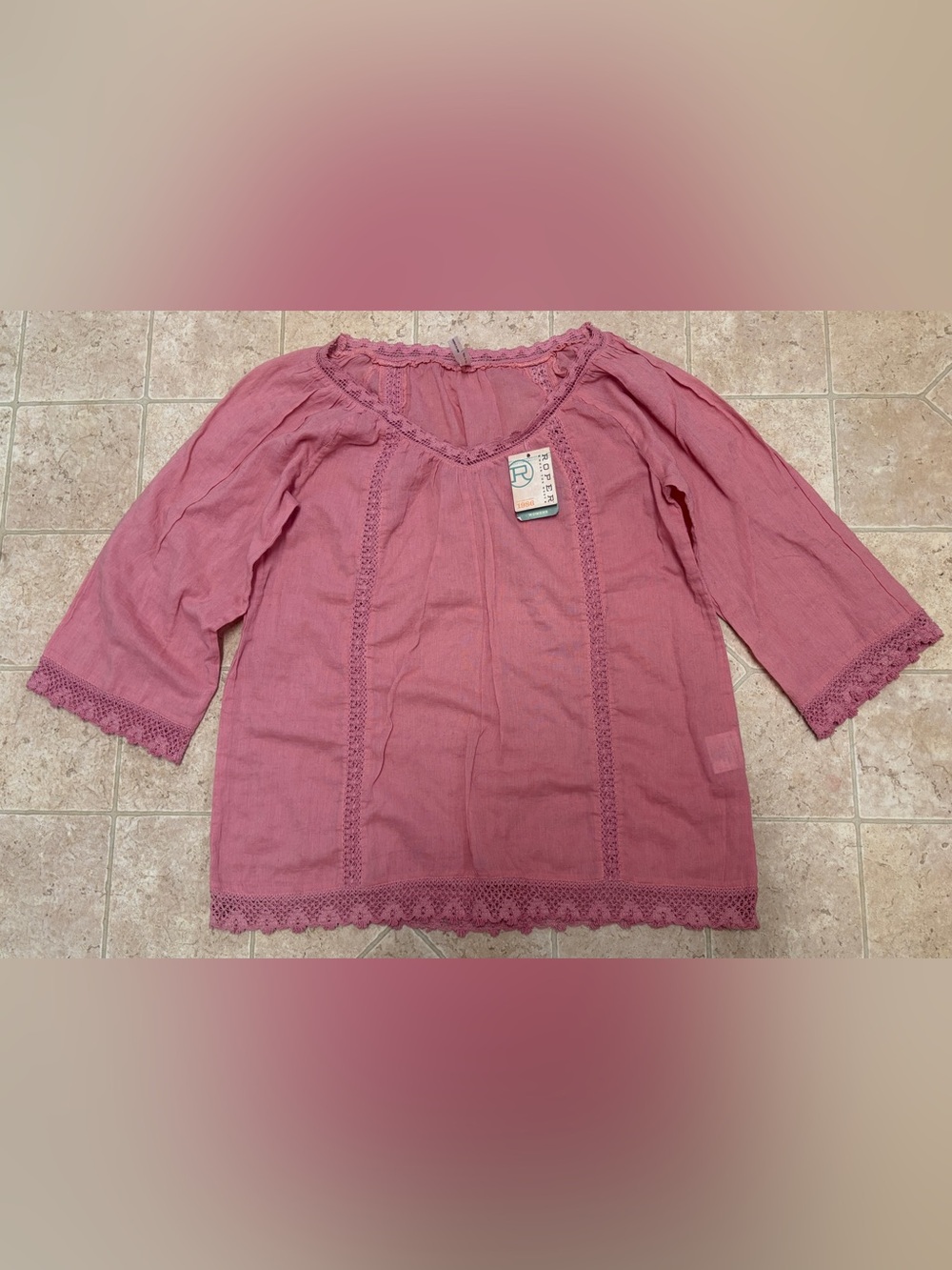 NWT ROPER COTTON TUNIC ROSE W/CROCHET SO GORGEOUS!! SIZE LARGE